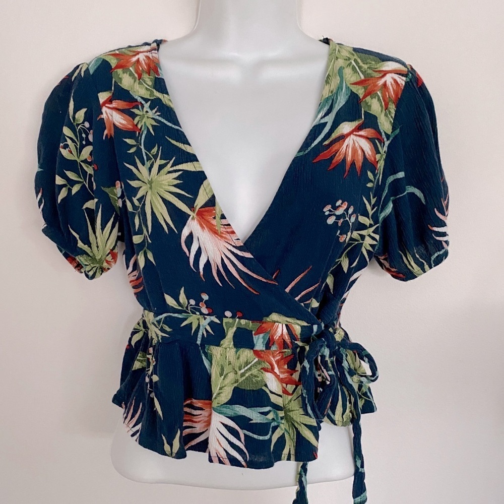 Blue Tropical Print Puff Sleeve Wrap Top